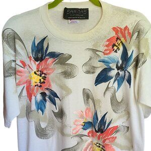 VINTAGE Handpainted 80's Oversize Flower Print T-Shirt \ Size XL
